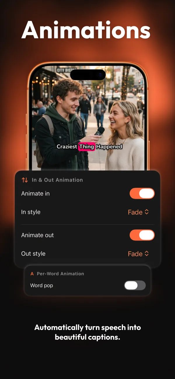 The Capster editor with the In & Out Animation panel open, showing fade in and fade out toggles above a video with a highlighted caption word.